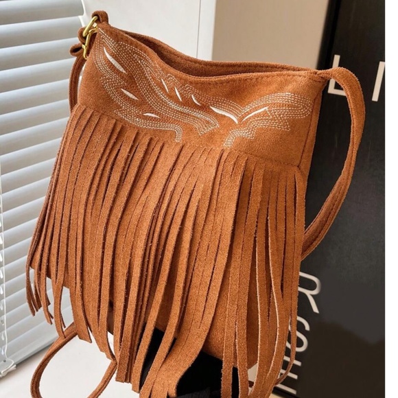 Boho Fringe Vegan Suede Hobo Shoulder Crossbody bag - Picture 4 of 12